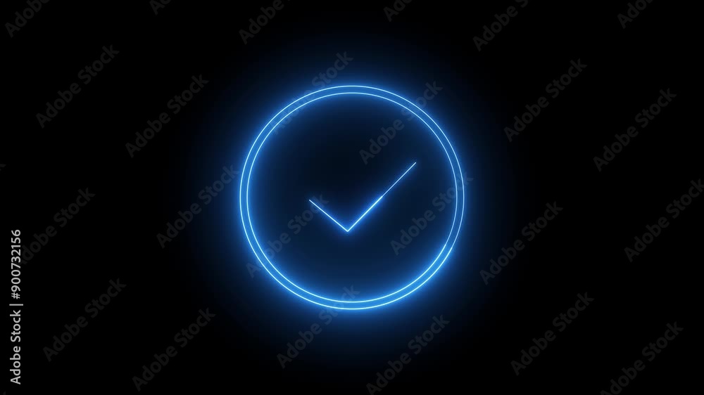 Glowing neon check mark icon. On black background Glowing neon check mark icon. On black background