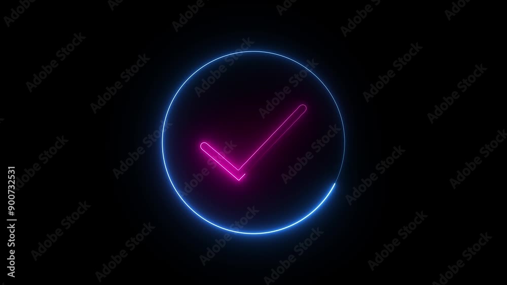 Glowing neon check mark icon. On black background Glowing neon check mark icon. On black background
