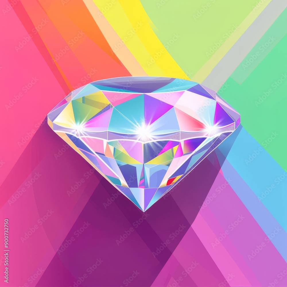 Diamond surrounded by rainbow light, flat design illustration Diamond surrounded by rainbow light, flat design illustration