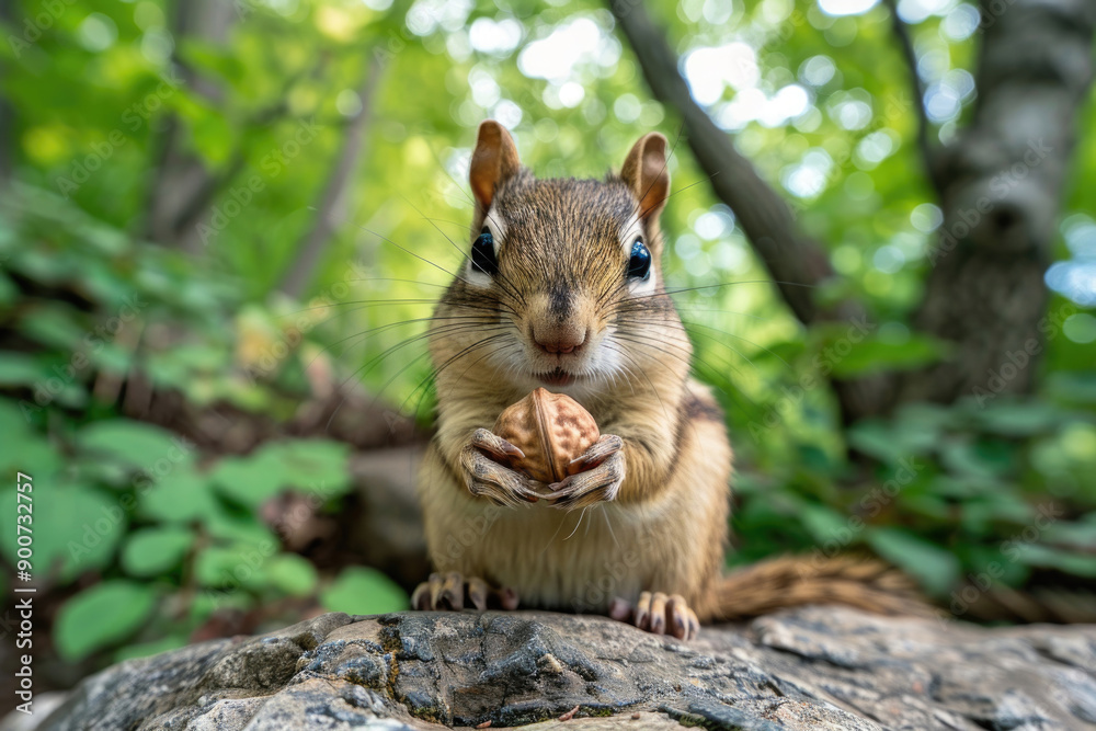 A playful chipmunk holding a nut looks at the camera. A playful chipmunk holding a nut looks at the camera.