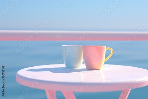 Minimalist table with pastel cups overlooking a serene ocean view, creating a tranquil, peaceful setting ideal for relaxation.
