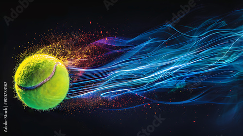 Capturing the Thrill of TennisA Vibrant Tennis Ball Mid-Air Against a Stark Black Background photo