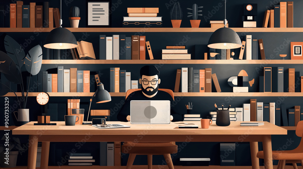 Illustration of a man working on a laptop at a desk, surrounded by bookshelves filled with books, plants, and various office supplies in a study room. Illustration of a man working on a laptop at a desk, surrounded by bookshelves filled with books, plants, and various office supplies in a study room.