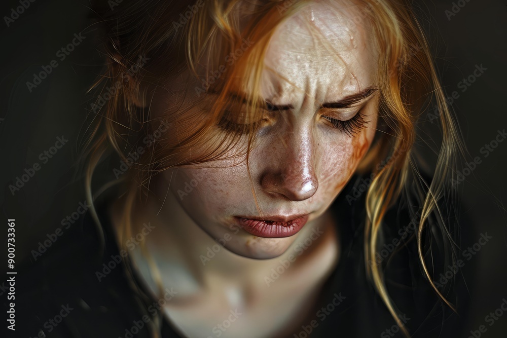 Intense portrait of a pensive young woman with hair blowing in the wind, eyes shut Intense portrait of a pensive young woman with hair blowing in the wind, eyes shut