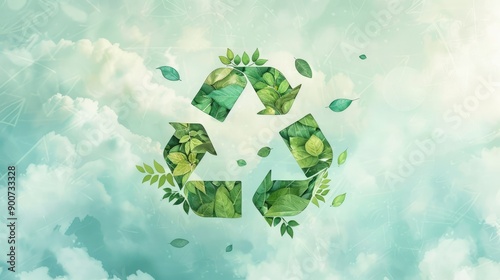 Green leaves and branches recycling symbol icon, background with pastel-colored elements like clouds and light blue sky. Icon representing the ecological call to recycle
