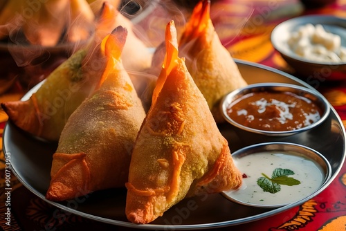 Close-up of samosas, a popular Indian dish that is usually provided during Ramadan
