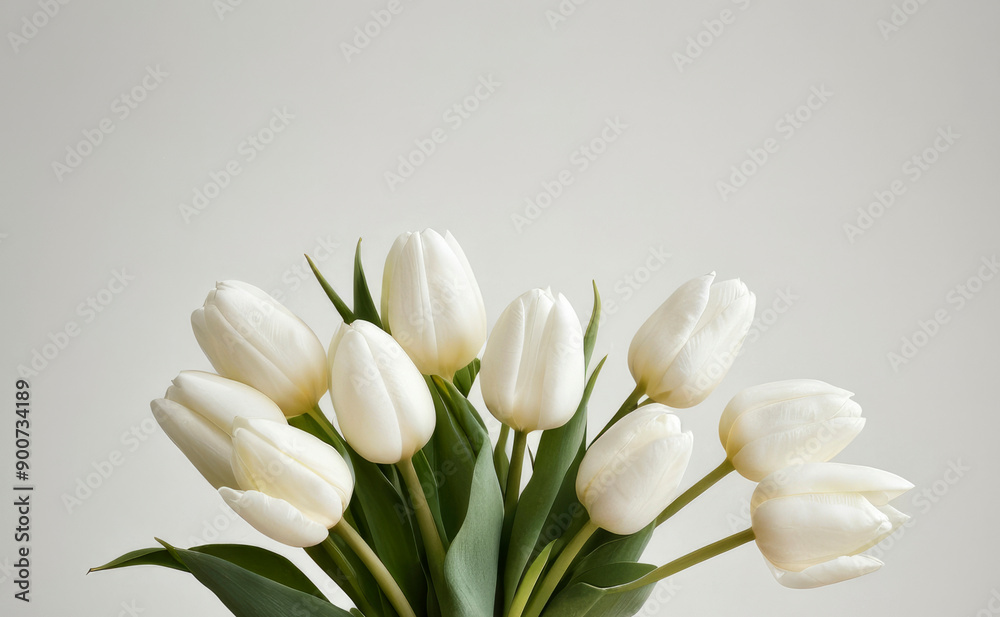 Obraz premium Bouquet of white tulips on light background, minimalistic and elegant flower composition. For greeting cards, seasonal promotions, spring-themed designs, event invitations, banner, seasonal promotions