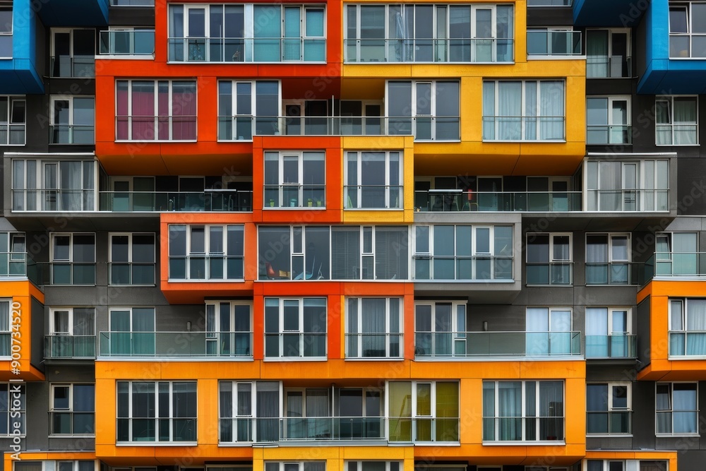 Fototapeta premium Contemporary Residential Building Facade with Bright Colors and Modern Architectural Design