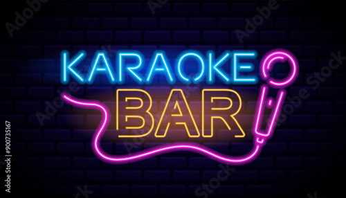 Eye-catching Retro Neon Vector Sign For A Karaoke Bar With Vibrant Colors And A Microphone Design, Vector Illustration