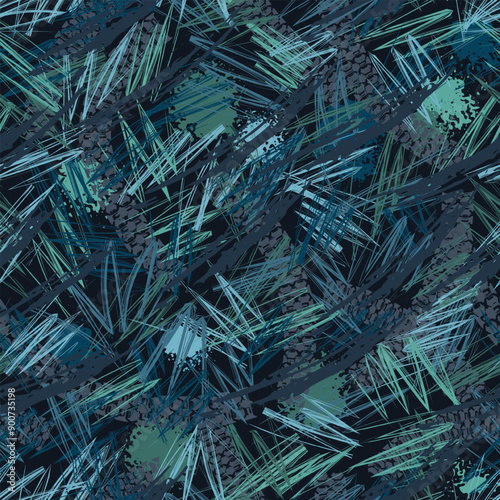 Seamless blue camouflage pattern with chaotic grunge zigzag lines. Frayed texture, smudge paint. Dense random chaotic composition. For apparel, fabric, textile, sport goods. Grunge style