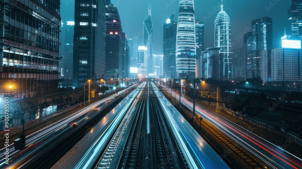 Fototapeta premium Cityscape with Train Tracks and Light Trails