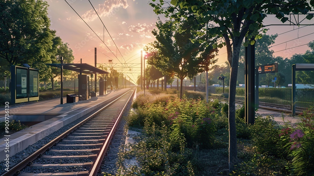 Fototapeta premium A suburban train station at dawn, with a train arriving on the platform, surrounded by well-maintained greenery and modern infrastructure