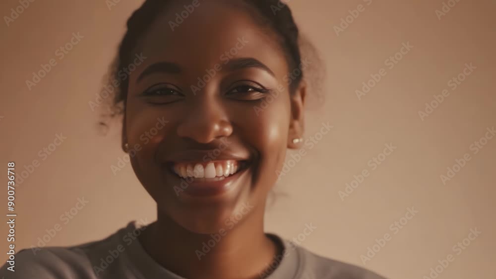 Radiant African Woman Smiling Brightly Against Beige Background Radiant African Woman Smiling Brightly Against Beige Background