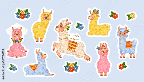 Set Of Llama Stickers Featuring Vibrant Colors And Playful Designs. Cute Illustrations Showcase Llamas In Various Poses