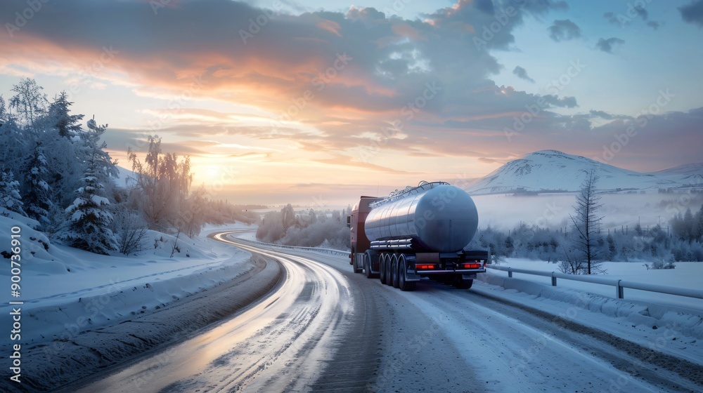 A tanker truck driving through a snowy, winter landscape A tanker truck driving through a snowy, winter landscape