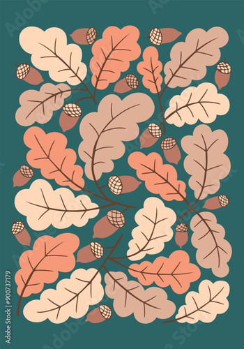 Vintage botanical mid century art print. Hippie 60s, 70s style. Autumn oak leaves with acorns in nostalgic style