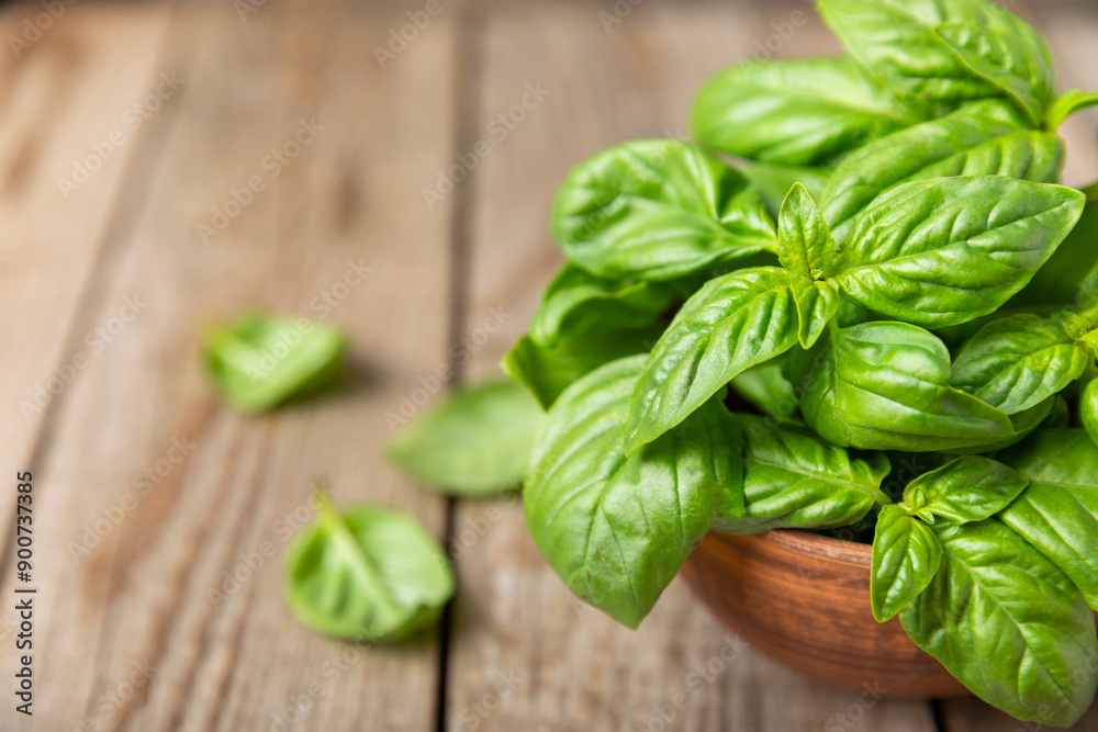 Green basil leaves on a textured wooden background. Kitchen herbs, spices. Fresh green organic basil. Vegan. Greens for salad. Place for text. Copy space. Green basil leaves on a textured wooden background. Kitchen herbs, spices. Fresh green organic basil. Vegan. Greens for salad. Place for text. Copy space.