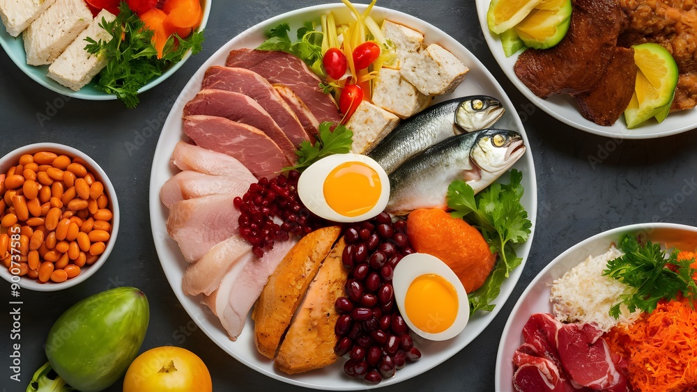 A dish with vegetables, fish, eggs, beans, tofu and meat on the plate. A dish with vegetables, fish, eggs, beans, tofu and meat on the plate.