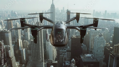 An electric vertical takeoff and landing (eVTOL) aircraft smoothly transitioning from vertical to horizontal flight over a futuristic cityscape