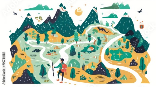 Heros journey map, flat design illustration, adventurous, isolated on white background