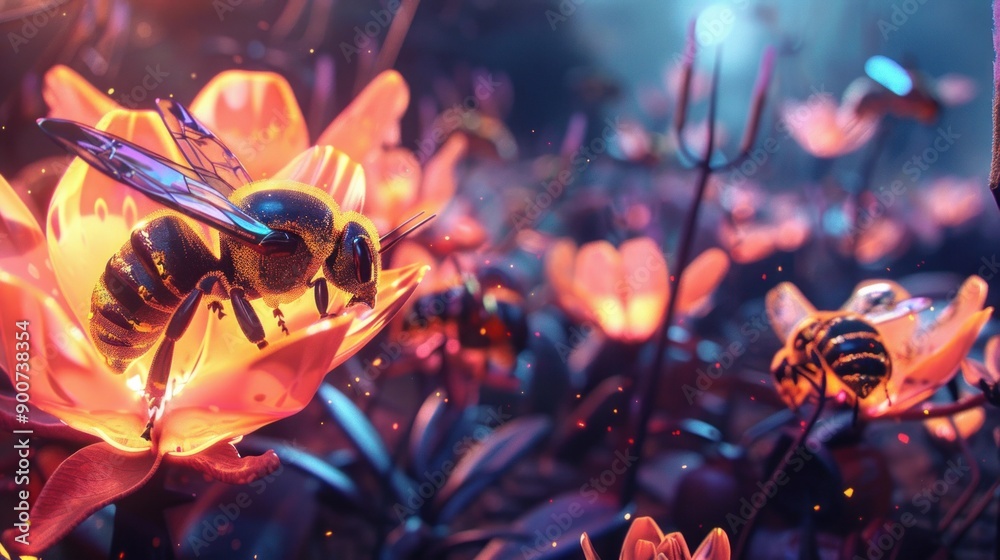 Honeybee Gathering Nectar in a Magical Field of Flowers