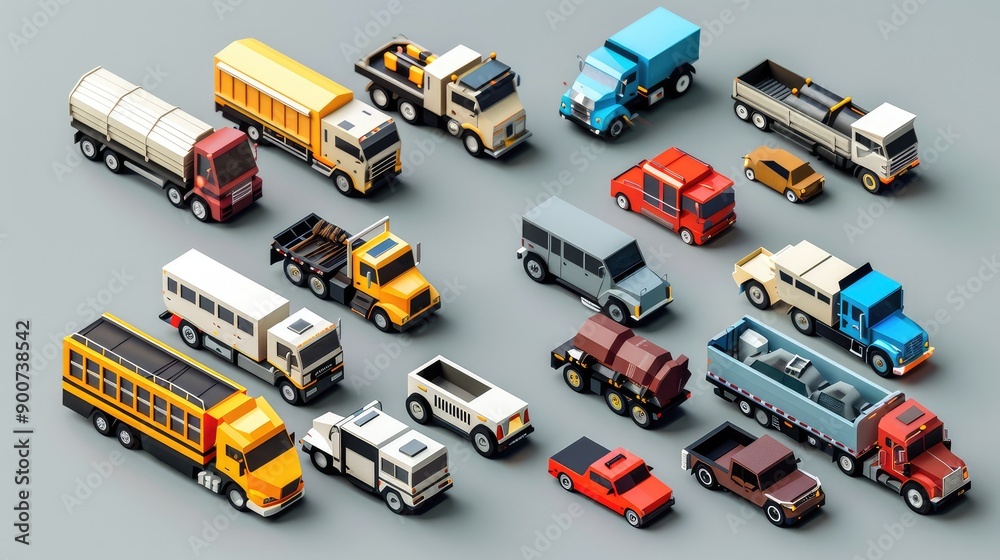 Naklejka premium Comprehensive 3D Isometric City Transport Vehicles Collection for Public and Freight