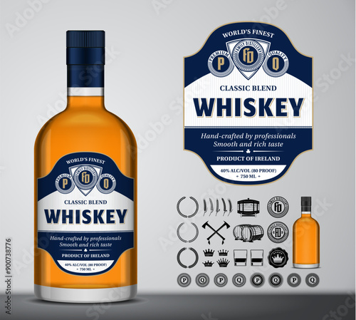 Vector whiskey label design. Whiskey glass bottle mockup. Distilling business design elements