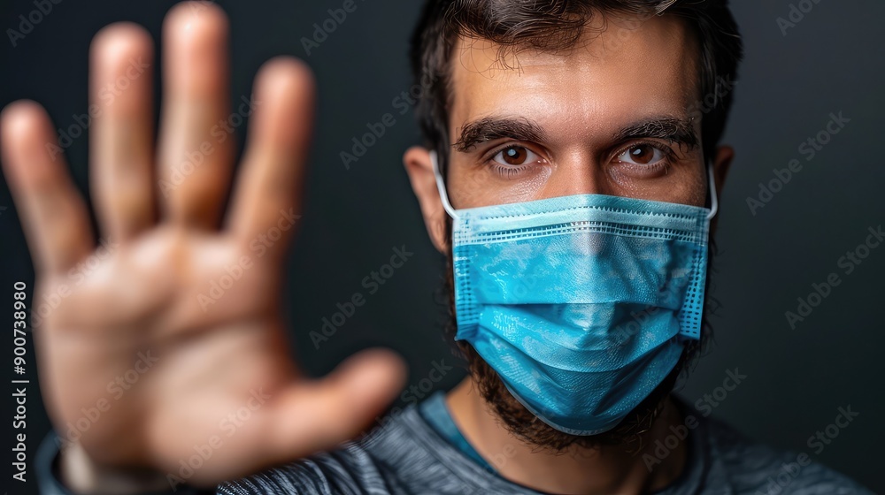 Pandemic Health Risk: Man in Medical Mask Showing Stop Gesture Pandemic Health Risk: Man in Medical Mask Showing Stop Gesture