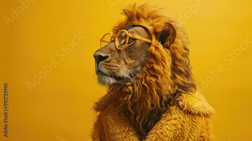 Roaring Creativity: Lion Costume on Vibrant Yellow Background photo