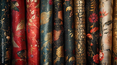 Ornate Fabric Patterns: Rich Reds, Blacks, and Golds