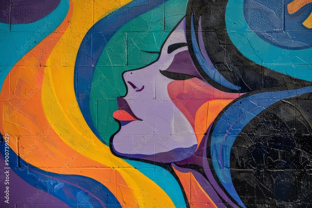 Obraz premium Vibrant and colorful urban street art mural featuring the profile of a bold and modern woman's face. Created with expressive aerosol spray paint on a public wall