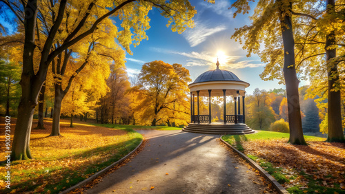 Sunny Day in Park with Gazebo and Autumn Leaves