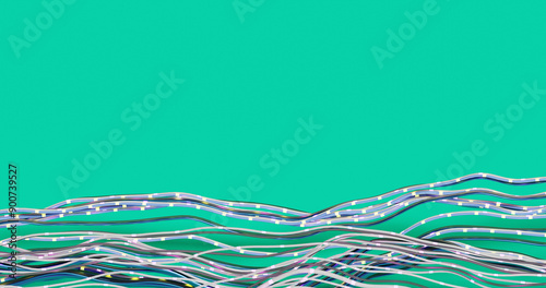 Data exchange, luminous wires, information transfer concept, technological led illustration with copy space on green, 3d rendering