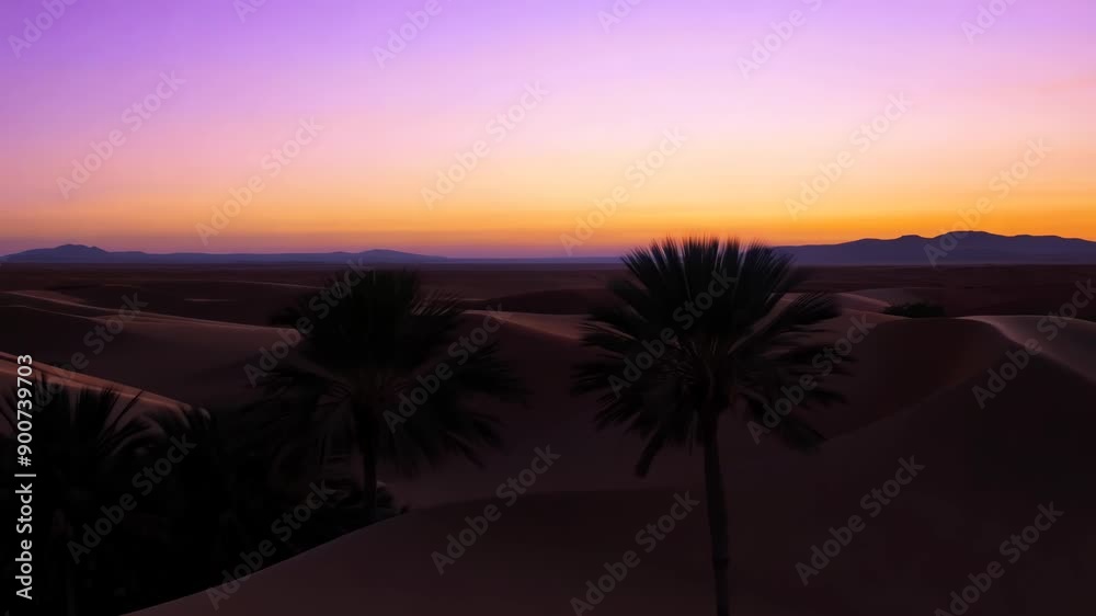Sunset Over Arabian Desert with Distant Mountains and Palm Silhouettes Sunset Over Arabian Desert with Distant Mountains and Palm Silhouettes