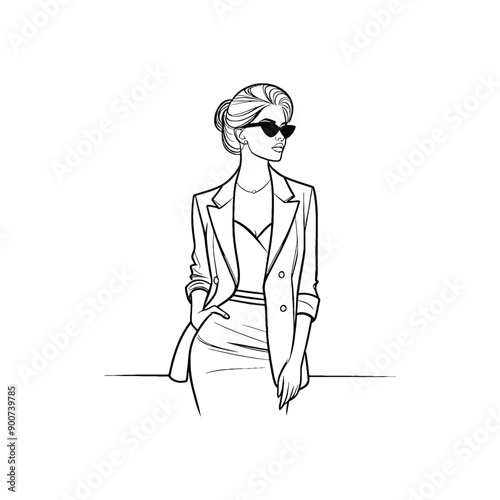 woman wearing retro fashion lady in a tailored blazer pencil skirt and cat eye glasses
