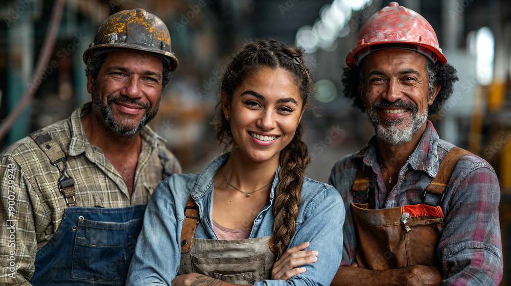 Fototapeta premium Diverse African American Construction Workers in Safety Gear at Industrial Worksite – Happy, Confident, Skilled Labor Force Embracing Occupational Health and Safety Compliance