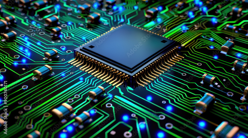 Close-up of a microchip on a circuit board showcasing intricate designs and vibrant lights, symbolizing technology and innovation. Close-up of a microchip on a circuit board showcasing intricate designs and vibrant lights, symbolizing technology and innovation.