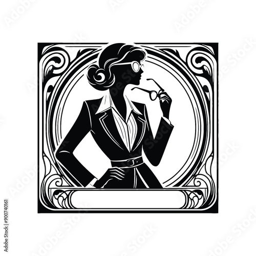 woman wearing retro fashion lady in a tailored blazer pencil skirt and cat eye glasses
