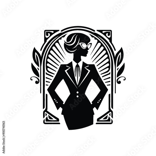 woman wearing retro fashion lady in a tailored blazer pencil skirt and cat eye glasses