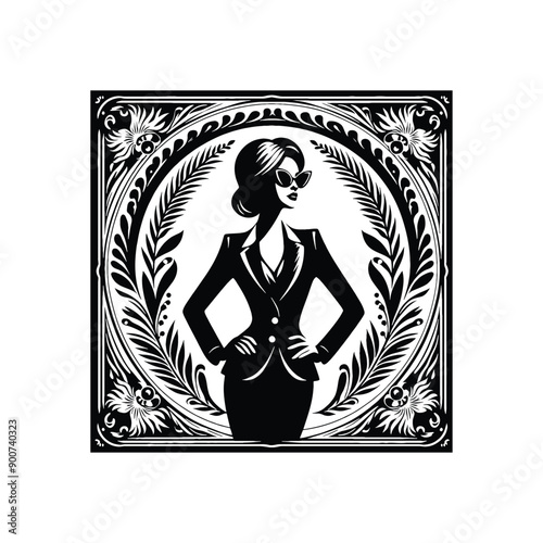 woman wearing retro fashion lady in a tailored blazer pencil skirt and cat eye glasses
