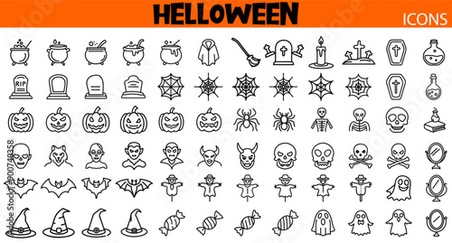 Halloween Icon Set. Thin line art Halloween icons. Vector outline illustration. Set of Halloween scary pumpkins cut. jack-o'-lantern.
