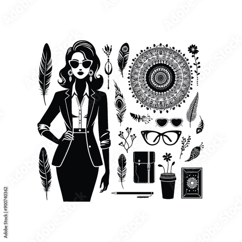woman wearing retro fashion lady in a tailored blazer pencil skirt and cat eye glasses