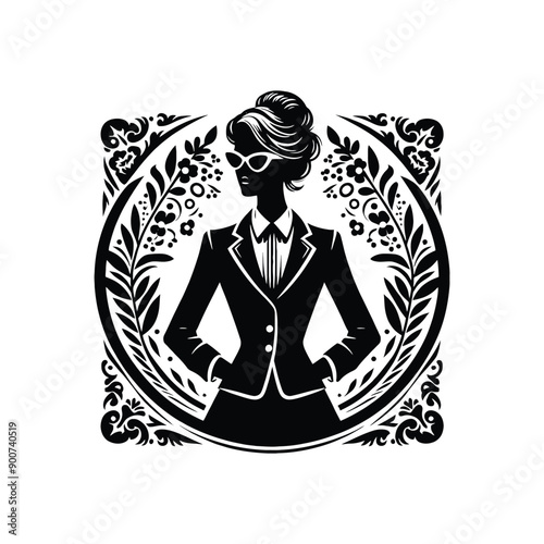 woman wearing retro fashion lady in a tailored blazer pencil skirt and cat eye glasses