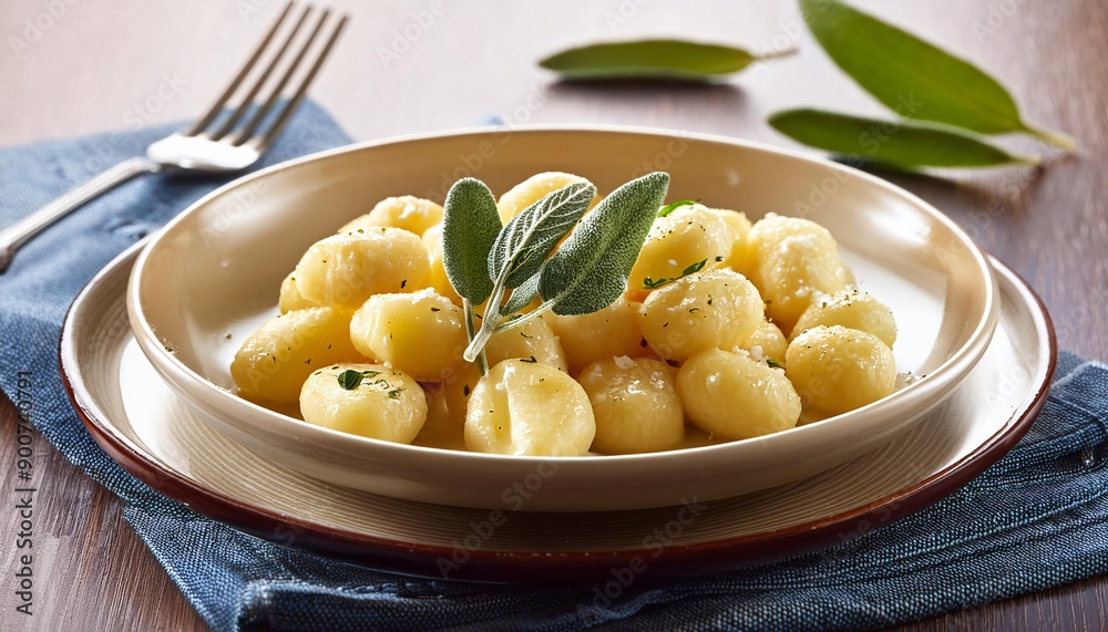 Gnocchi di ricotta dressed in butter and sage, generative AI Gnocchi di ricotta dressed in butter and sage, generative AI