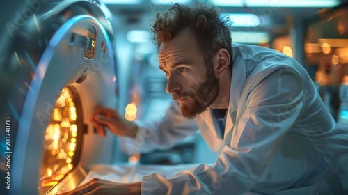 The doctor adjusts the MRI scanner. Examination for cancer