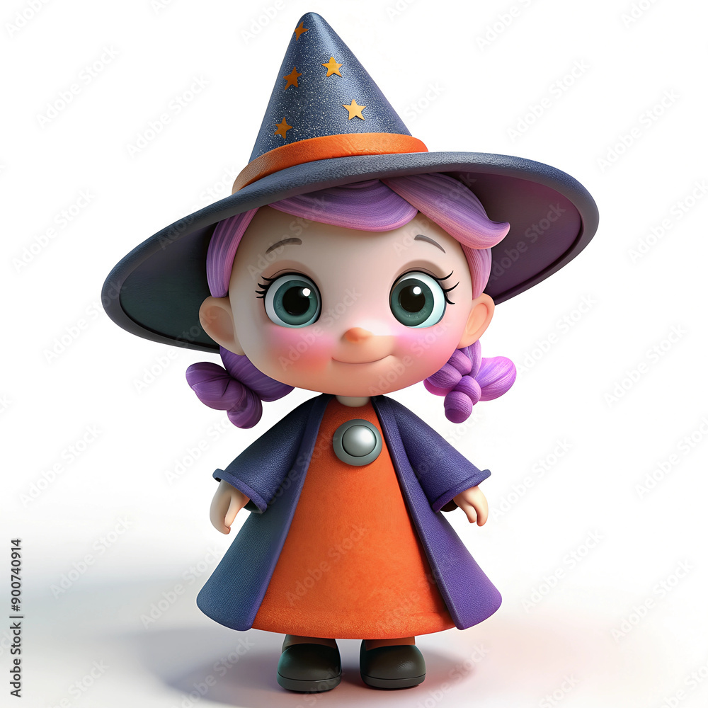 Charming little witch with purple eyes in 3d style on white background Charming little witch with purple eyes in 3d style on white background