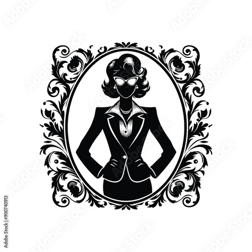 woman wearing retro fashion lady in a tailored blazer pencil skirt and cat eye glasses