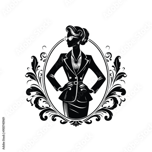 woman wearing retro fashion lady in a tailored blazer pencil skirt and cat eye glasses