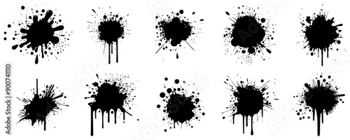 Black ink spots set on white background. Ink illustration.