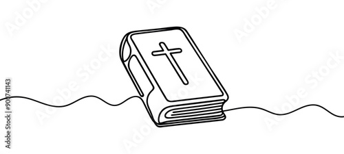 Continuous one line drawing silhouette of Bible. Bible linear icon. One line drawing background. Vector illustration. Line art of Bible